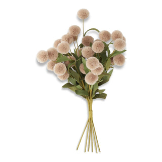 Pompom Pick w/ Green Leaves Artificial Flora K&K Tan