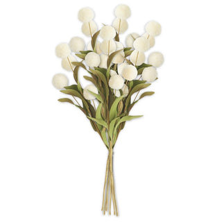 Pompom Pick w/ Green Leaves Artificial Flora K&K Cream