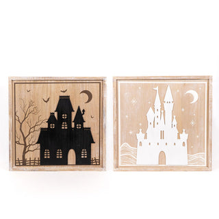 Reversible Wood Framed Sign Haunted House/Castle - Lg Adams Halloween Adams & Co.