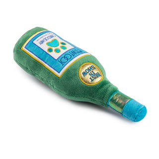 Pawfoot Wine Squeaker Dog Toy in green plush bottle with blue label and cap