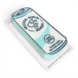 Seltzer Scrubbly Green scrub sponge in a can-shaped package; mint green with bubbles