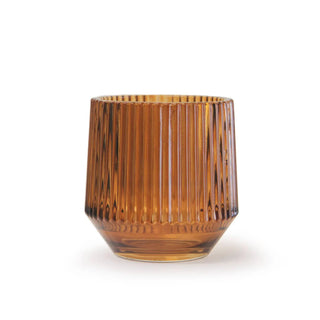 Iridescent amber glass candle holder with vertical ribbed texture, 4 in tall, 3.75 in diameter.