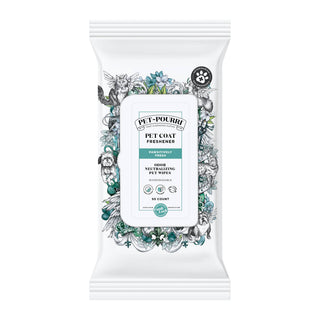 Pet Coat Wipes, 50-count resealable white pouch with teal label and floral artwork.