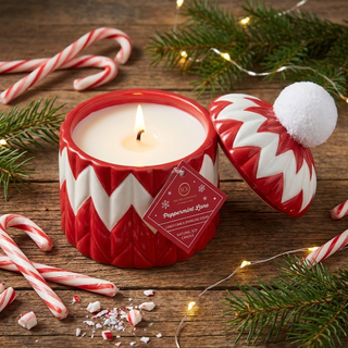 Candles Peppermint Lane 10oz hand-painted beanie candle in red and white chevron ceramic jar with pom-pom lid