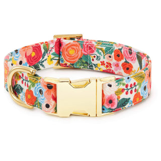 Garden Party floral fabric dog collar with gold-tone buckle and ring, adjustable size L (18–26 in) for dogs