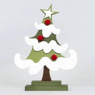 8x12 wood Christmas tree cutout on a green stand with white snow, red pom-poms, and a star topper