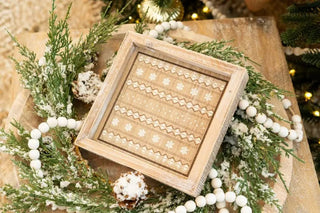Wood frame sign 7x7 inches with tassel Christmas decor, natural wood finish, frosted evergreens and white bead garland