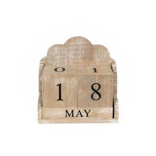 Natural wood desk calendar block set with month tiles displaying MAY