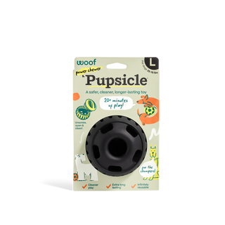 Pupsicle power-chewer dog toy in black, donut-shaped ring on illustrated packaging