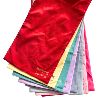 Mahjong rack storage bag in red satin with pastel sleeves; fits 17.5–20 in racks
