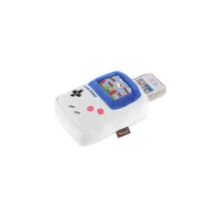 Game Bone plush toy in white with blue trim, pink buttons, and a colorful retro screen.