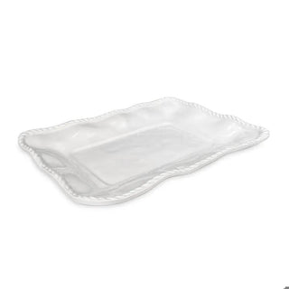 Rectangular white platter with a rope-edge rim and glossy finish.