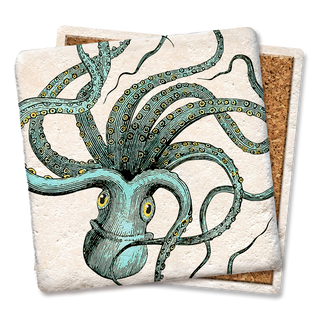 Octopus coasters, turquoise teal illustration, cork-backed, set of 2