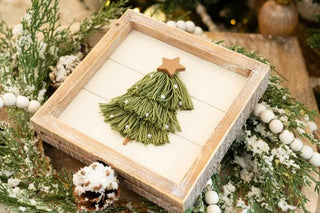 Wood frame sign 7x7 inches featuring a green tassel Christmas tree with a star topper and white bead ornaments.