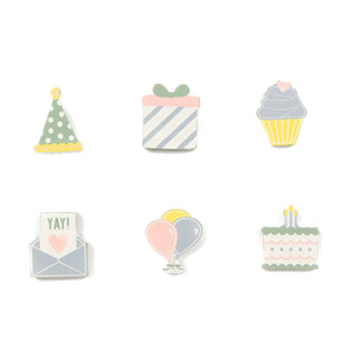 Six 2x2-inch wooden birthday shapes in pastel colors (hat, gift, cupcake, balloons, cake)