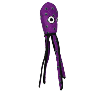 Squid dog toy in purple with green spots and black ribbon tentacles; durable, squeaky