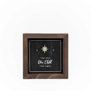 Brown wood frame sign 5x5 in with black board, star graphic, and the text One star. One night.