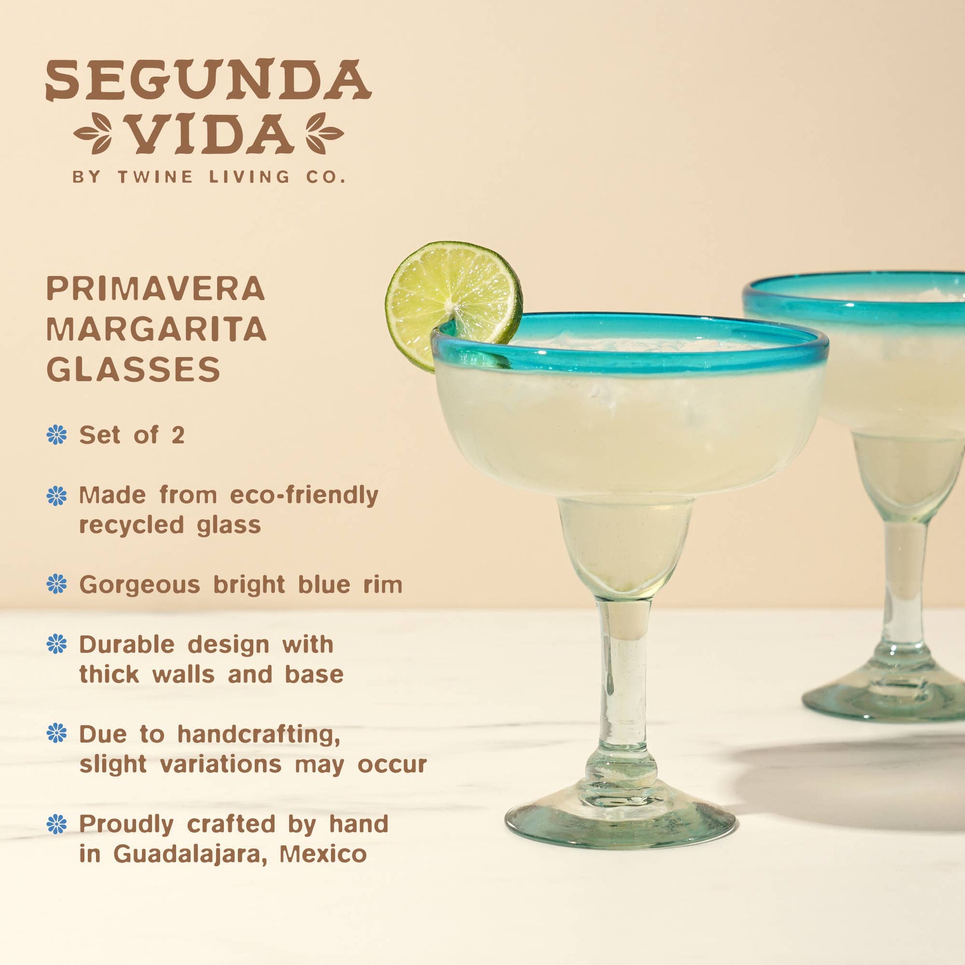 Primavera Recycled Glass Margarita Glasses - Set of 2 Twine