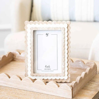 Wood scallop photo frame with natural outer border and white inner border, fits 4x6 photos.