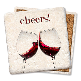 Coaster: cheers red wine design in ceramic with two clinking wine glasses