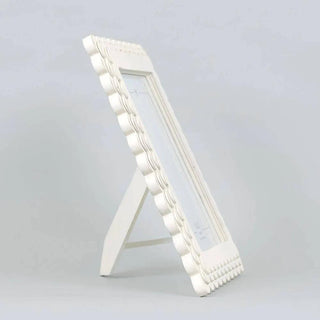 Wood scallop photo frame, white, for 8x10 photos, displayed on a tabletop easel.