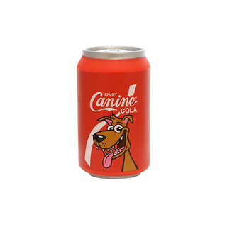 Silly Squeaker Soda Can Canine Cola dog toy, red can design with cartoon dog graphic