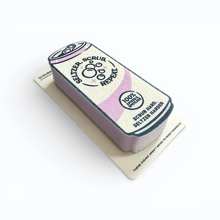 Seltzer Scrubbly purple kitchen sponge shaped like a soda bottle with printed label.