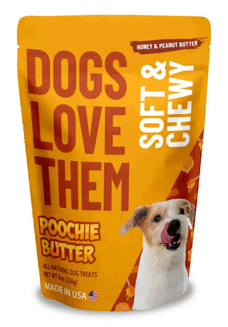 Peanut Butter & Honey Soft & Chewy Dog Treats 8oz bag, orange packaging with dog image and visible brand logo