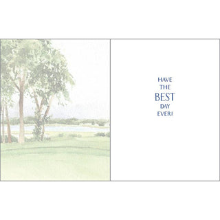 Birthday Greeting Card - Golf; two-panel card with watercolor golf course left and blue text right.