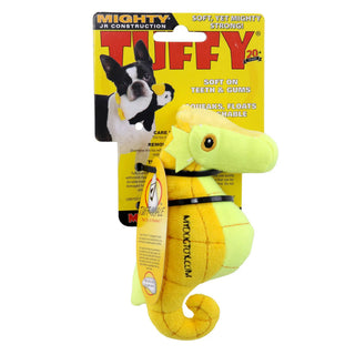 Mighty Jr Ocean Seahorse plush dog toy, yellow with lime-green accents, squeaker