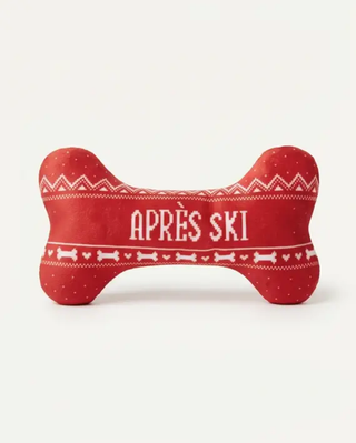 Apres Ski Fairisle Bone dog toy, red knit-pattern squeaker