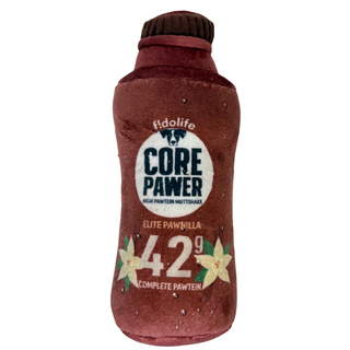 Core Pawer Pawtein Muttshake plush bottle toy, brown with brand logo