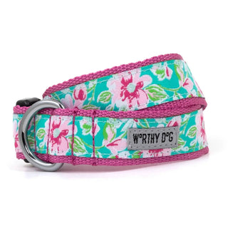 Watercolor Floral Collar by The Worthy Dog, pink braided trim with turquoise floral pattern and metal D-ring