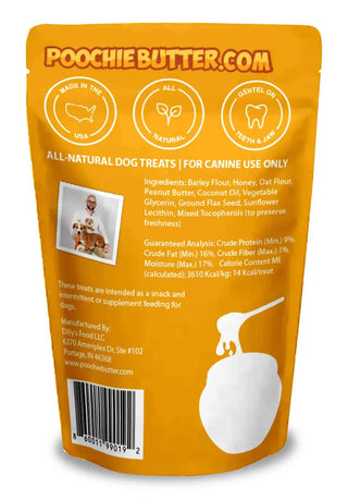 Peanut Butter & Honey Soft & Chewy Dog Treats 8oz in orange packaging.