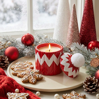 Peppermint Lane 10oz hand-painted beanie holiday candle in a red jar with white zigzag pattern and a pom-pom lid.