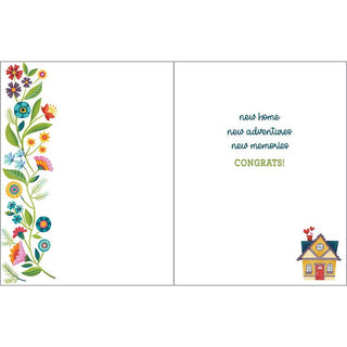 New Home Greeting Card with envelope, colorful floral left border and a small house on the right panel.