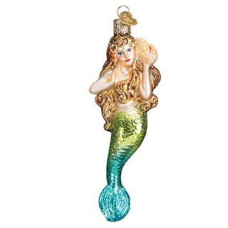 Mermaid Ornament with glittery green-to-teal tail, gold hair, holding a seashell