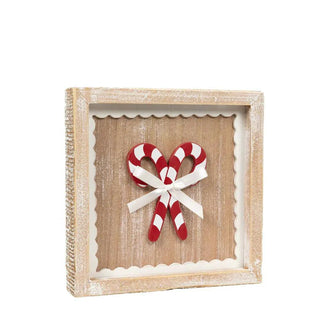 7x7 wood frame sign with distressed whitewashed finish, candy canes tied with a white ribbon