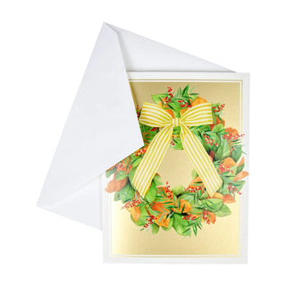 Magnolia Wreath With Striped Bow - Boxed Holiday Cards Caspari