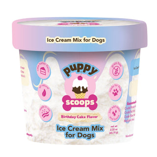 Puppy Scoops Ice Cream Mix for Dogs in a pastel pink-blue tub with Birthday Cake flavor