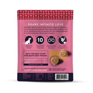 Pink Sugar Soft-Baked Dog Treats bag with heart-pattern top and two treats