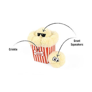 Poppin’ Pupcorn plush dog toy set with red-striped bucket and crinkle/grunt-squeaker ball