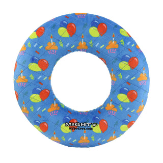 Mighty Ring-Celebration squeaky dog toy, blue donut-shaped, no stuffing