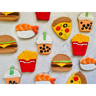 Lunch Menu Dapper assortment of dog cookies with colorful icing shaped as burgers, fries, pizza, and drinks