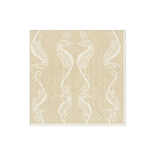Cocktail napkin Seahorses Sand in beige with white seahorse motif.