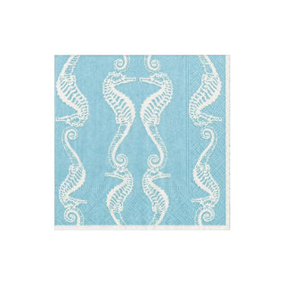 Cocktail napkin, robin's egg blue with white seahorse pattern, square, 1 piece.