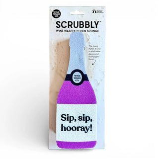 Scrubbly kitchen sponge bottle-shaped, blue top and purple bottom, Sip Hooray packaging.