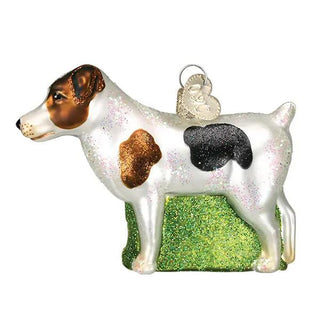 Jack Russell Terrier ornament with white body, brown and black patches, glittery green base and heart charm