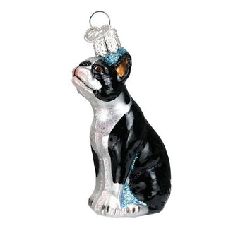 Boston Terrier ornament, glass Christmas figurine in black and white with glitter accents