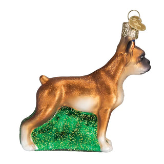 Boxer ornament, brown and tan dog with gold glitter on a green base.
